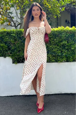 Beige Ditsy Midi Dress Short Sleeve Side Split