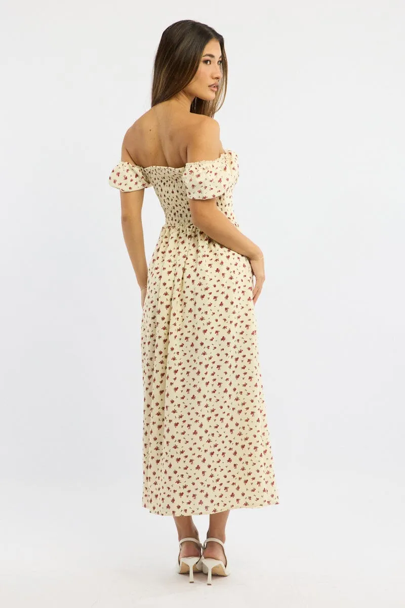 Beige Ditsy Midi Dress Short Sleeve Side Split