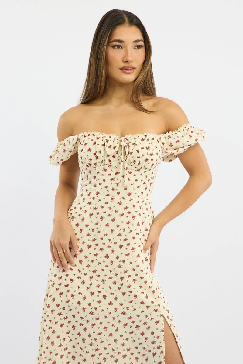 Beige Ditsy Midi Dress Short Sleeve Side Split