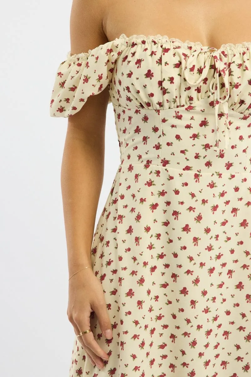 Beige Ditsy Midi Dress Short Sleeve Side Split