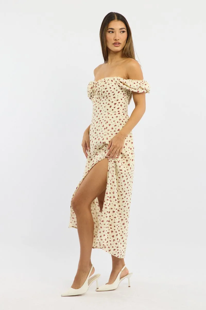 Beige Ditsy Midi Dress Short Sleeve Side Split