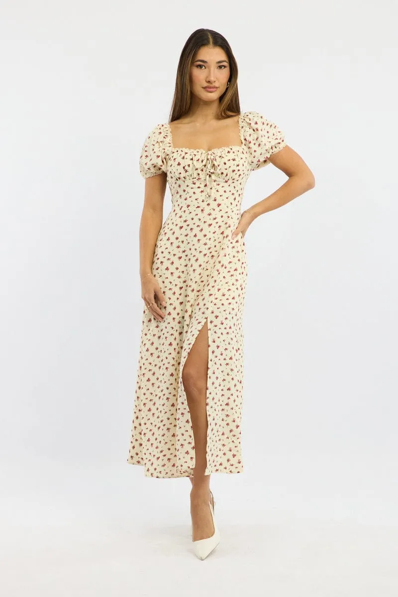 Beige Ditsy Midi Dress Short Sleeve Side Split