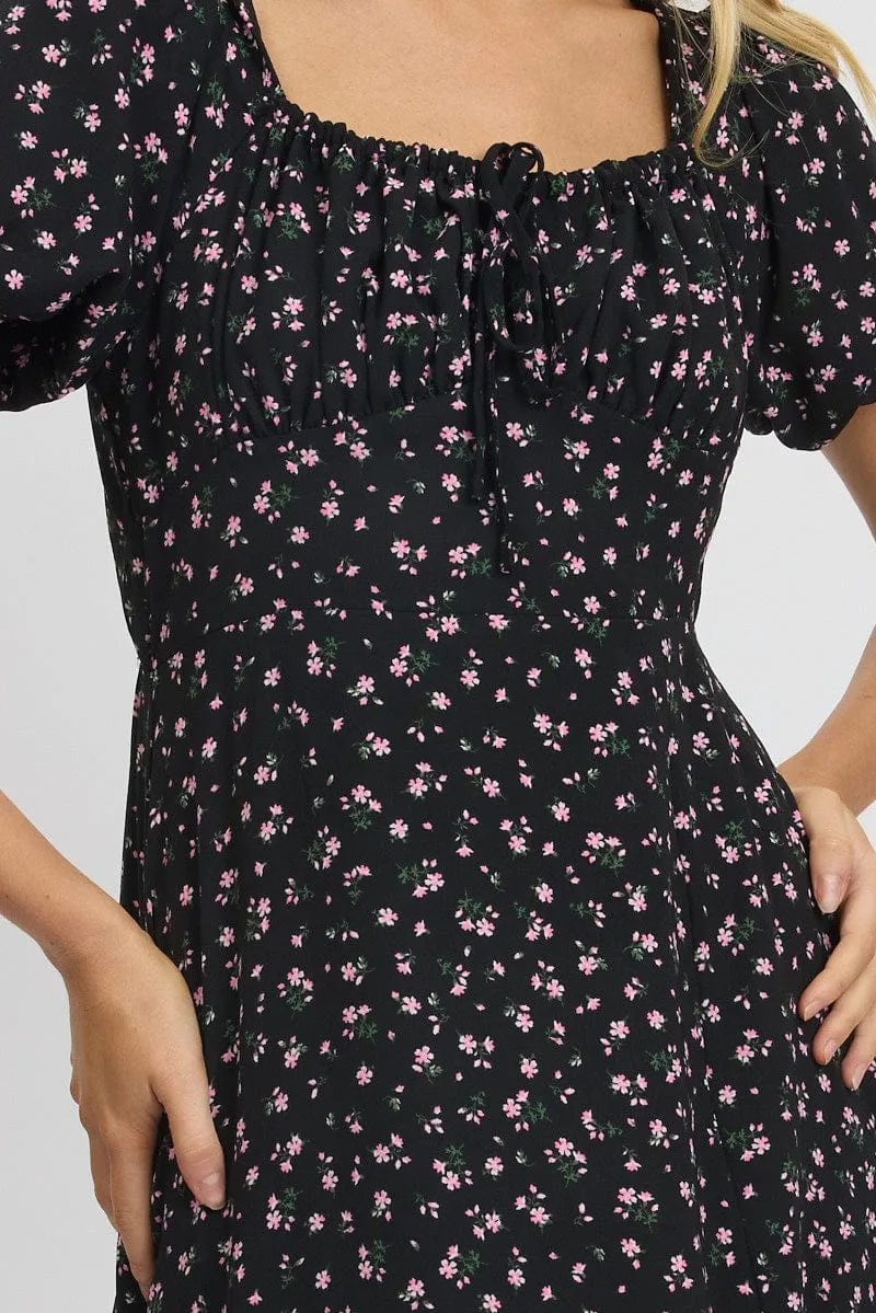 Black Ditsy Midi Dress Short Sleeve Side Split