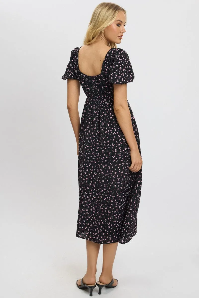 Black Ditsy Midi Dress Short Sleeve Side Split