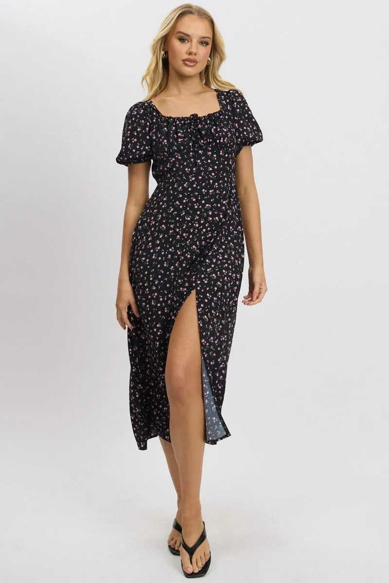 Black Ditsy Midi Dress Short Sleeve Side Split