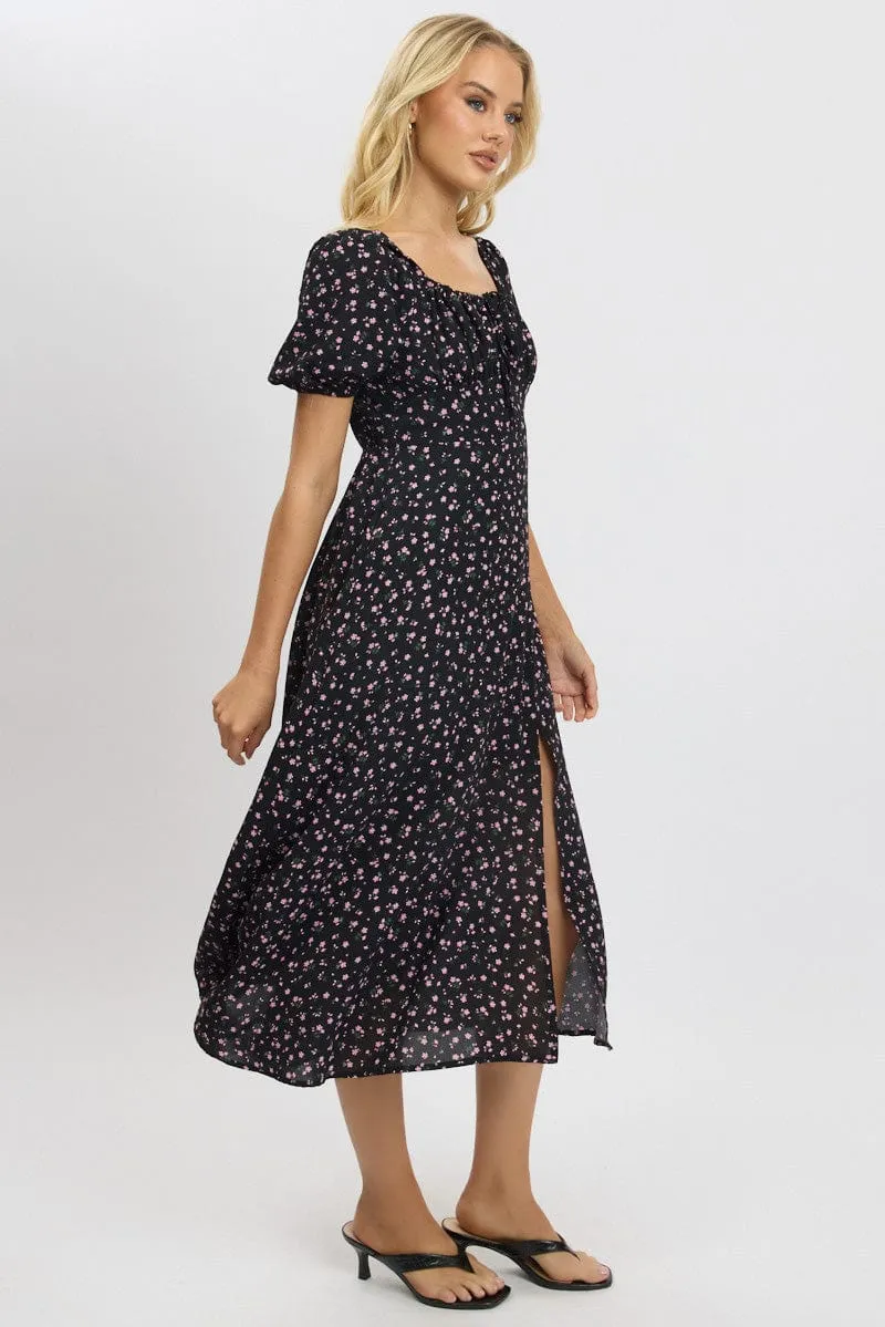 Black Ditsy Midi Dress Short Sleeve Side Split