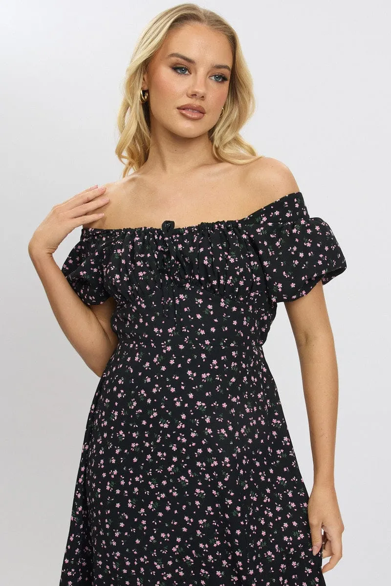 Black Ditsy Midi Dress Short Sleeve Side Split