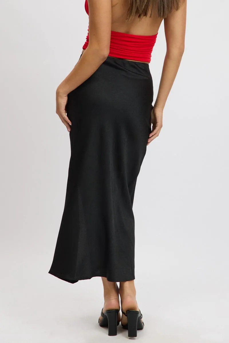 Black Slip Skirt High Waist Front Split Midaxi Satin