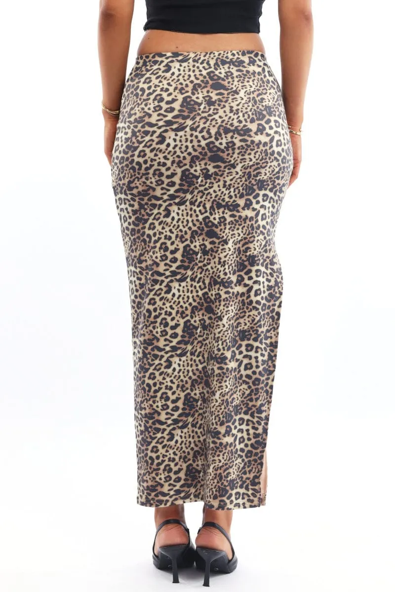 Brown Animal Print Leopard Maxi Skirt Side Split Lined Supersoft