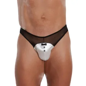 Chilot tanga bărbați SOFTLINE Thong 4467. lenjerie sexy cu design tuxedo cu papion. din plasă și satin. negru cu alb. mărime XL