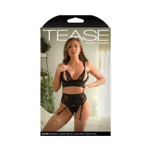 Fantasy Lingerie Tease Blaire Pearl Split Cup Bralette. Garter Belt & Crotchless Pearl G-String Black L/XL