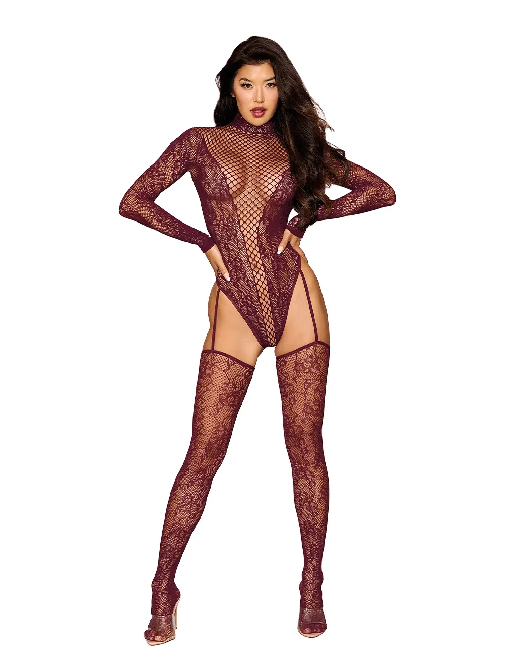 Floral Net Seamless LS Teddy w. Attached Stockings