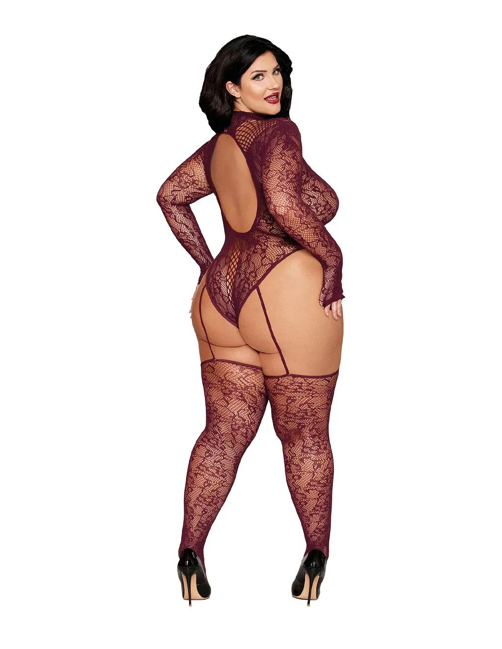 Floral Net Seamless LS Teddy w. Attached Stockings