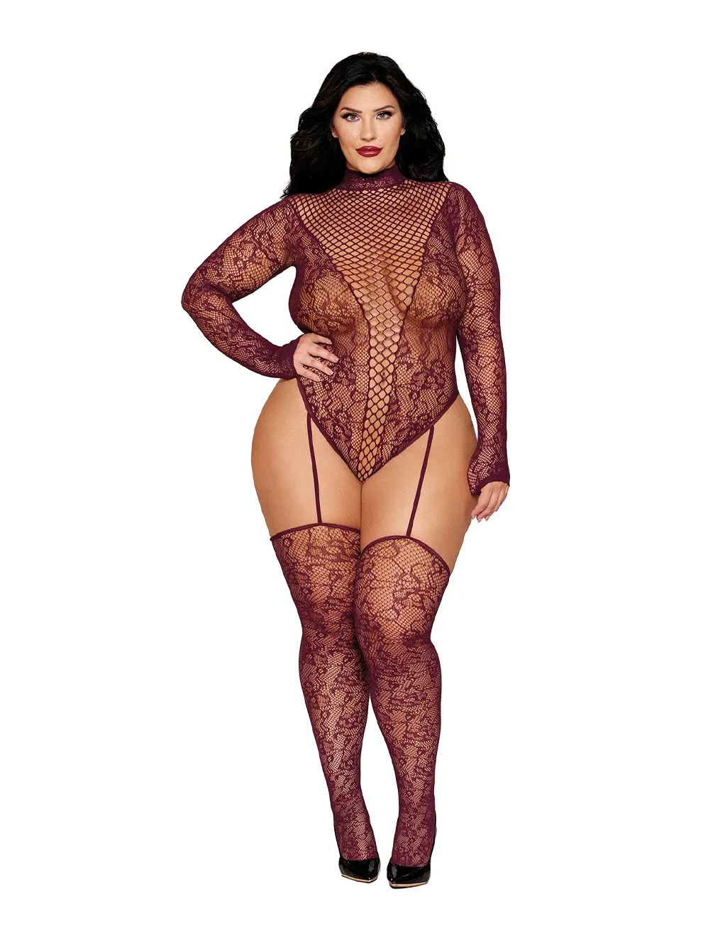 Floral Net Seamless LS Teddy w. Attached Stockings