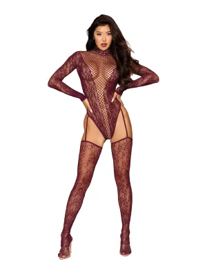 Floral Net Seamless LS Teddy w. Attached Stockings