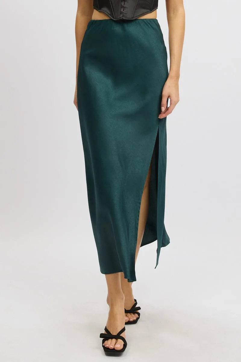 Green Slip Skirt High Waist Front Split Midaxi Satin