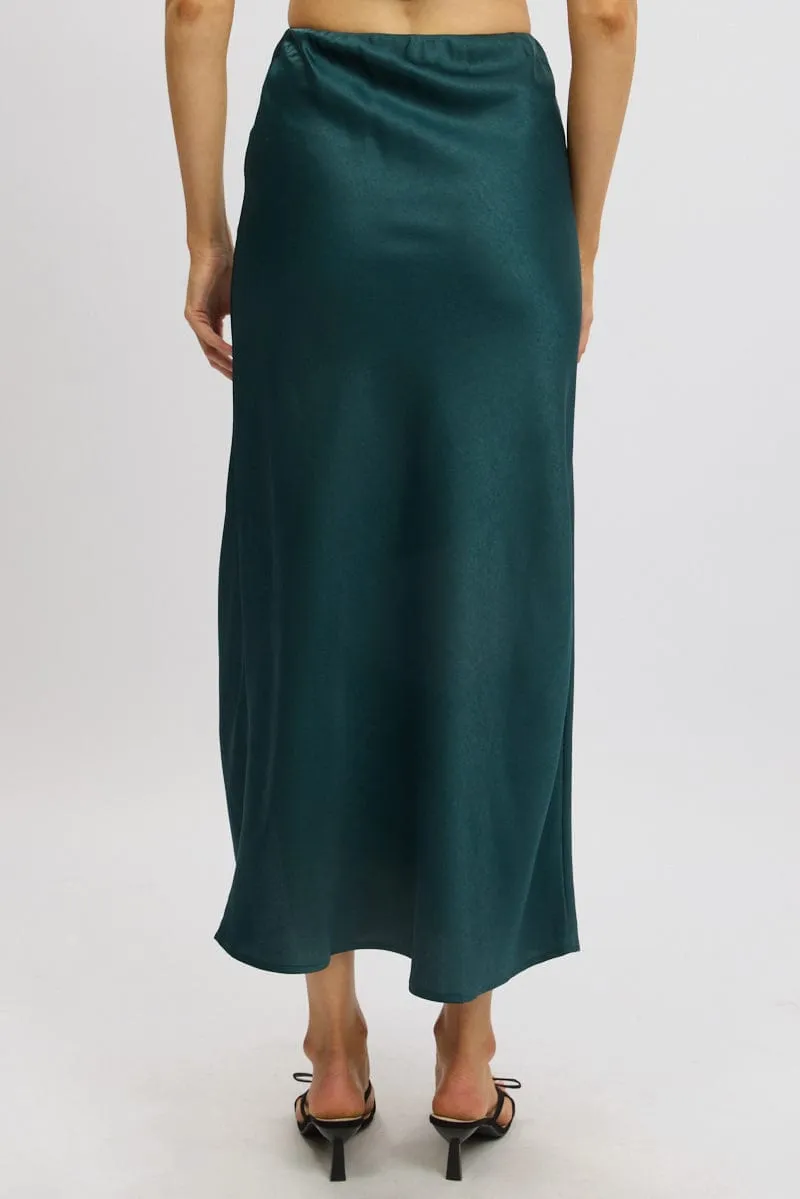 Green Slip Skirt High Waist Front Split Midaxi Satin