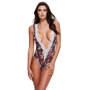 Lenjerie erotică teddy BACI LINGERIE Grey Floral & Lace. body sexy din plasă cu dantelă. design gri cu flori. marime S/M