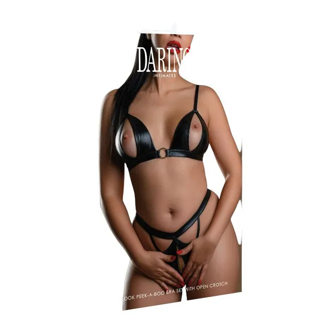 Lenjerie sexy 2 piese DARING INTIMATES Wetlook Peek-A-Boo Bra Set with Open Crotch. culoare negru. marime S/M