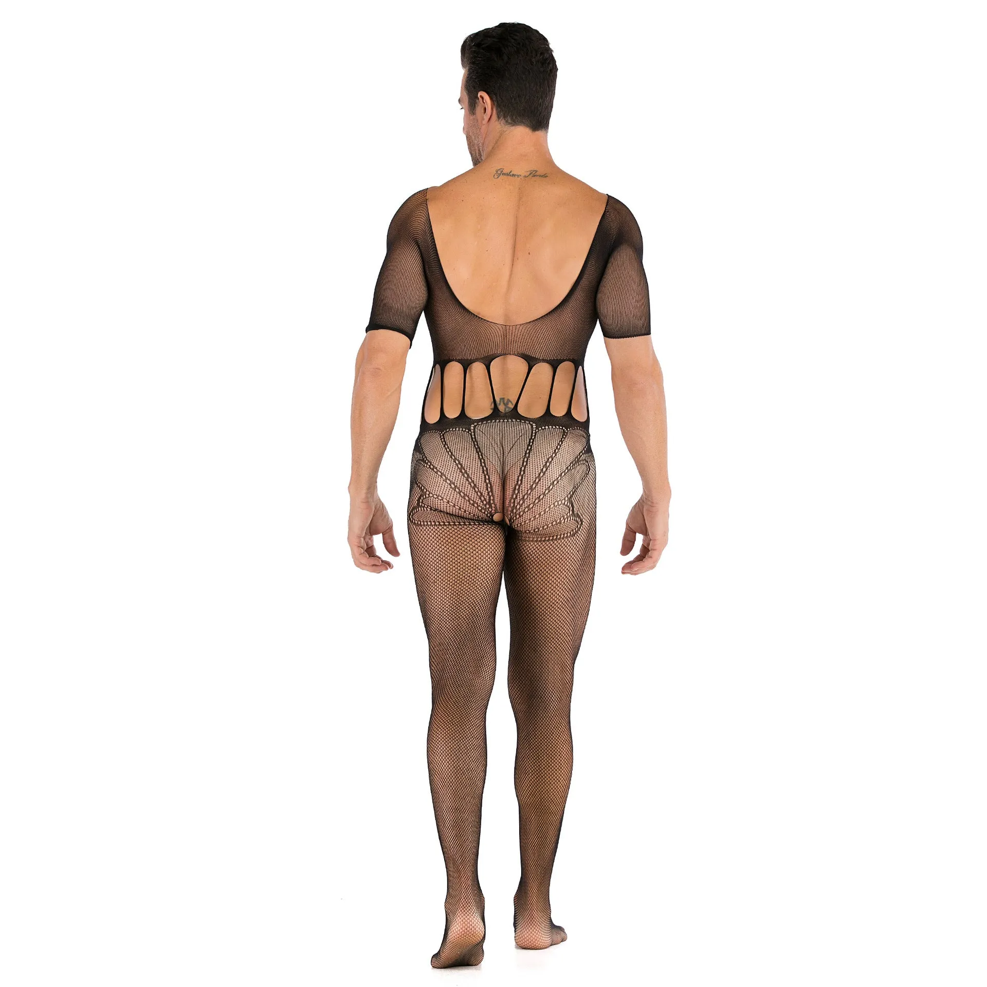 Men's Half Sleeve Sexy Jacquard Open One-piece Net