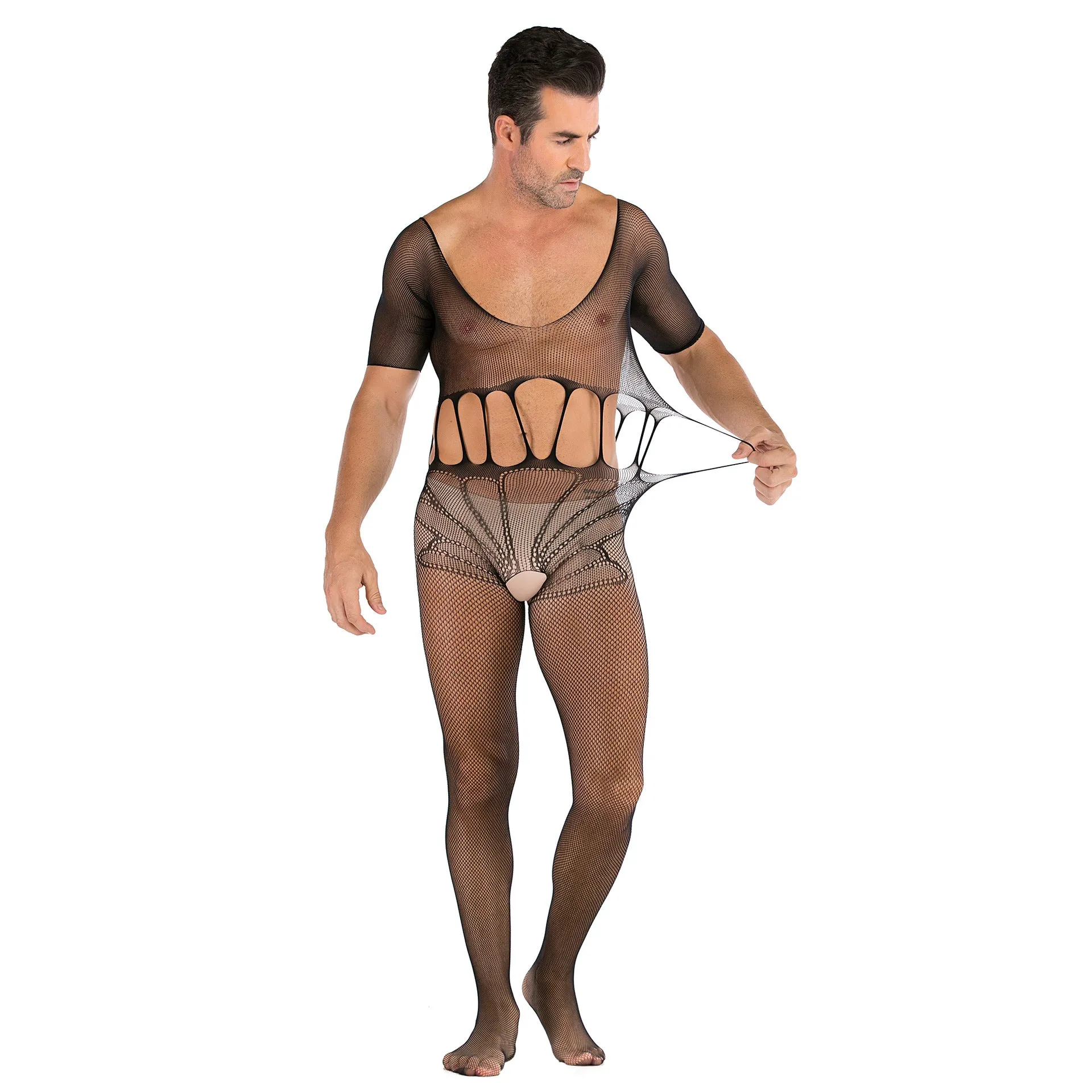 Men's Half Sleeve Sexy Jacquard Open One-piece Net