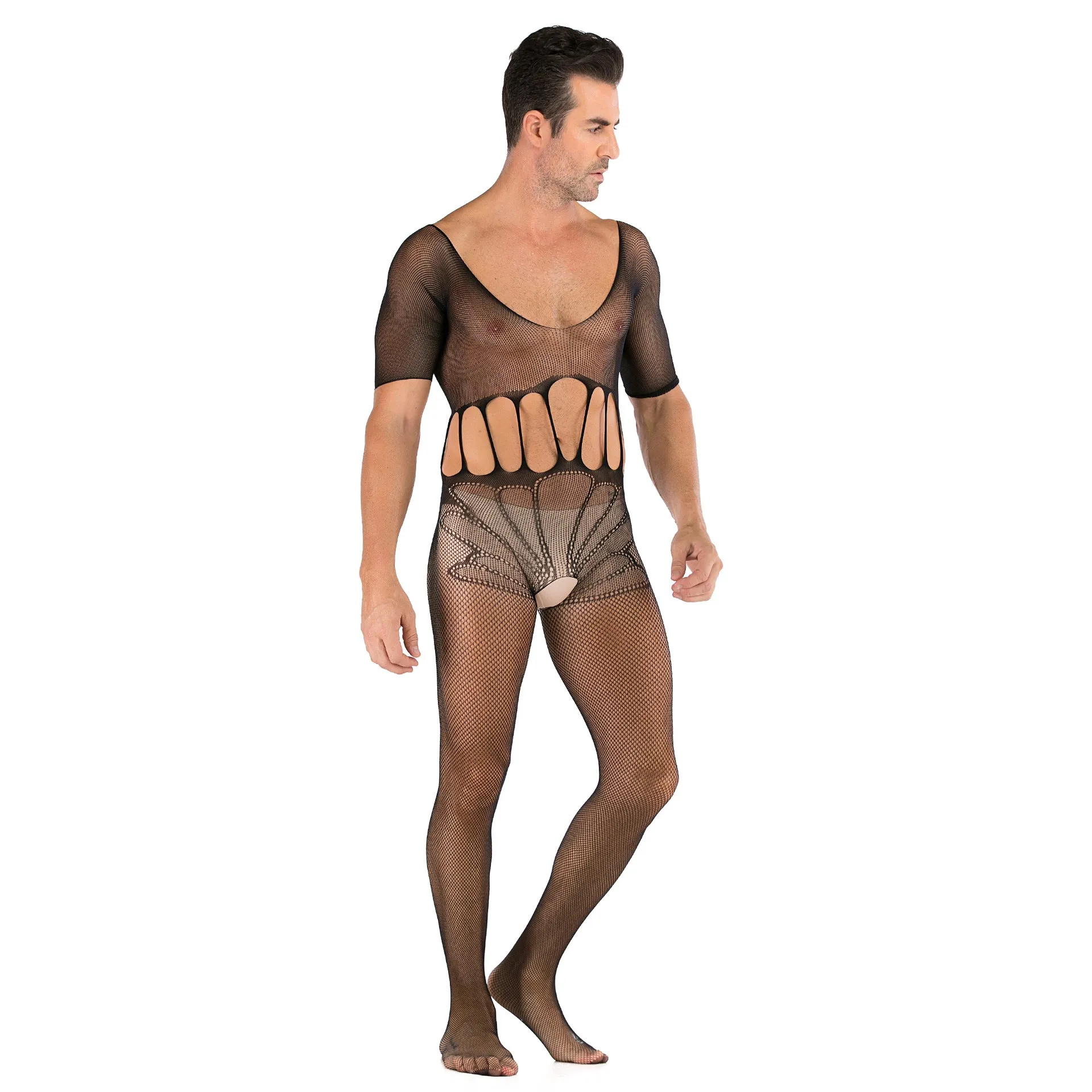 Men's Half Sleeve Sexy Jacquard Open One-piece Net
