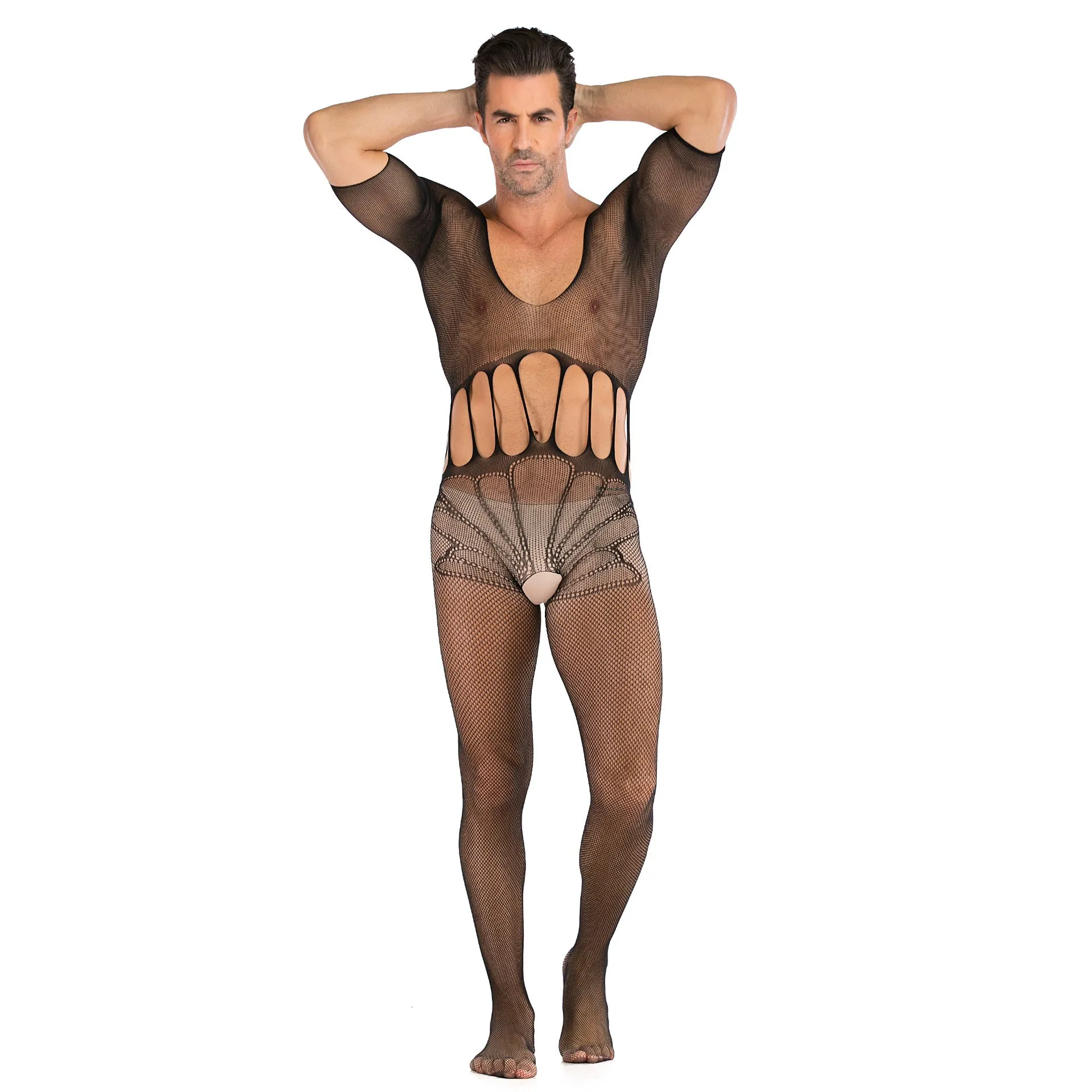 Men's Half Sleeve Sexy Jacquard Open One-piece Net