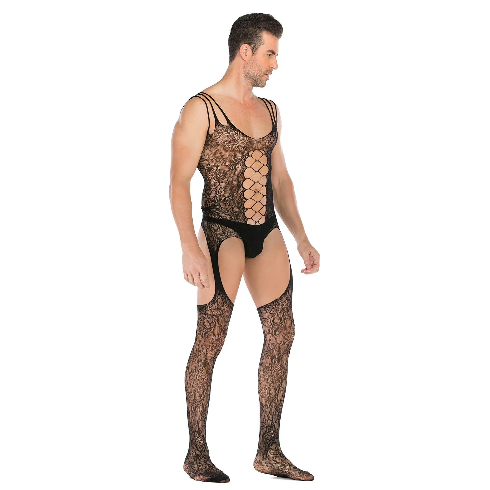 Men's Sleeveless Jacquard High Split Sexy Opening Gear Body Stocking