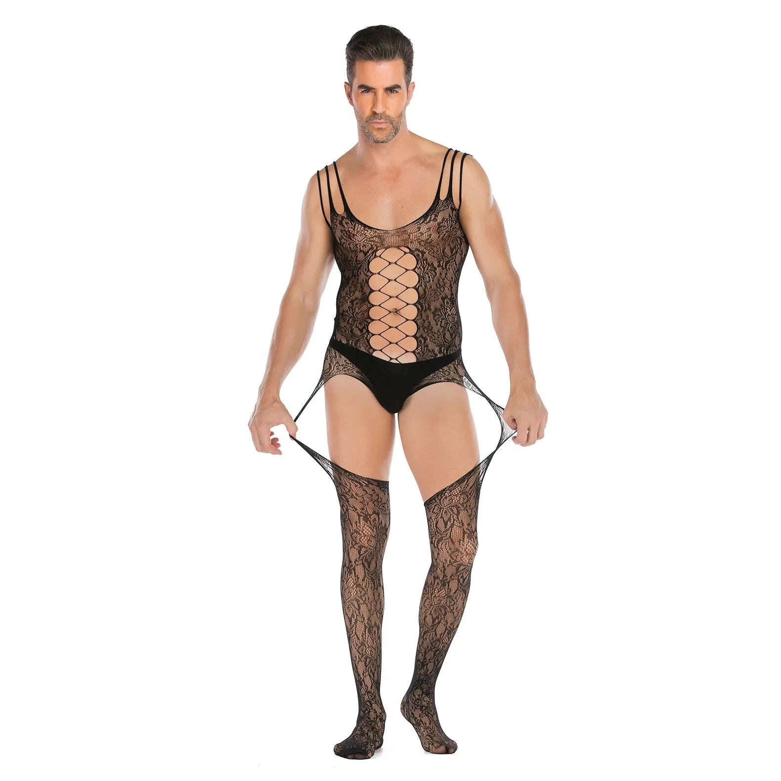 Men's Sleeveless Jacquard High Split Sexy Opening Gear Body Stocking