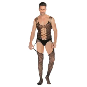 Men's Sleeveless Jacquard High Split Sexy Opening Gear Body Stocking