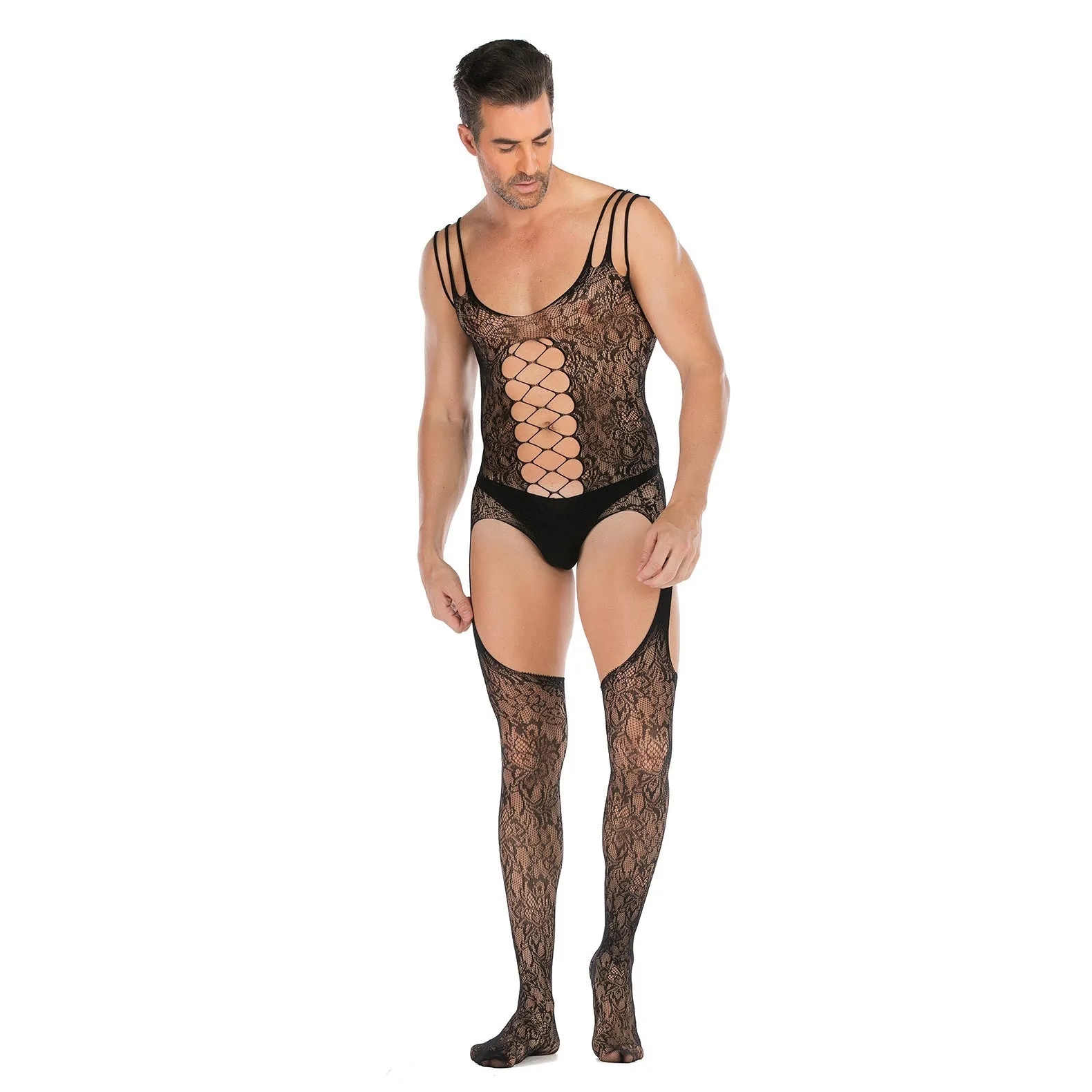 Men's Sleeveless Jacquard High Split Sexy Opening Gear Body Stocking
