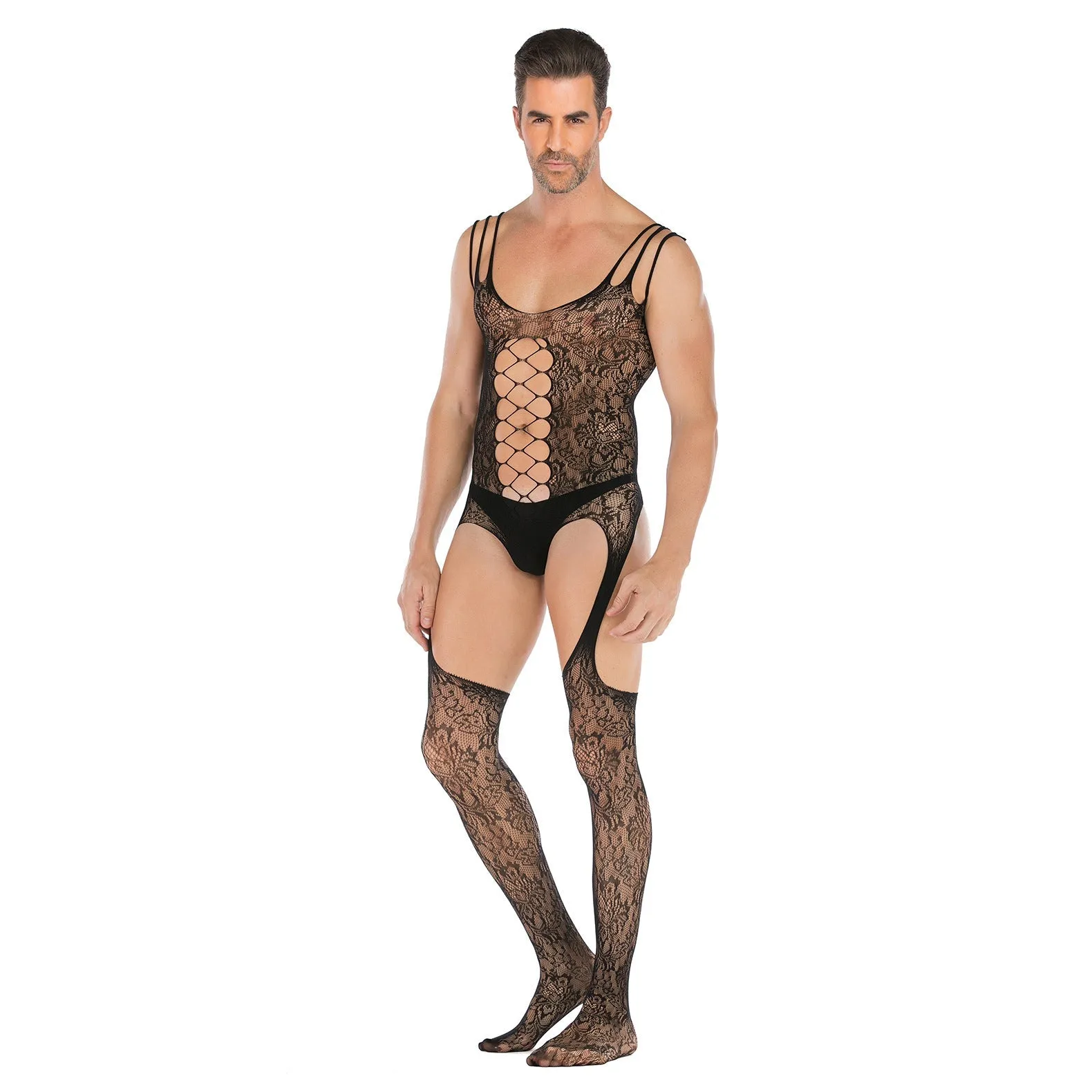 Men's Sleeveless Jacquard High Split Sexy Opening Gear Body Stocking