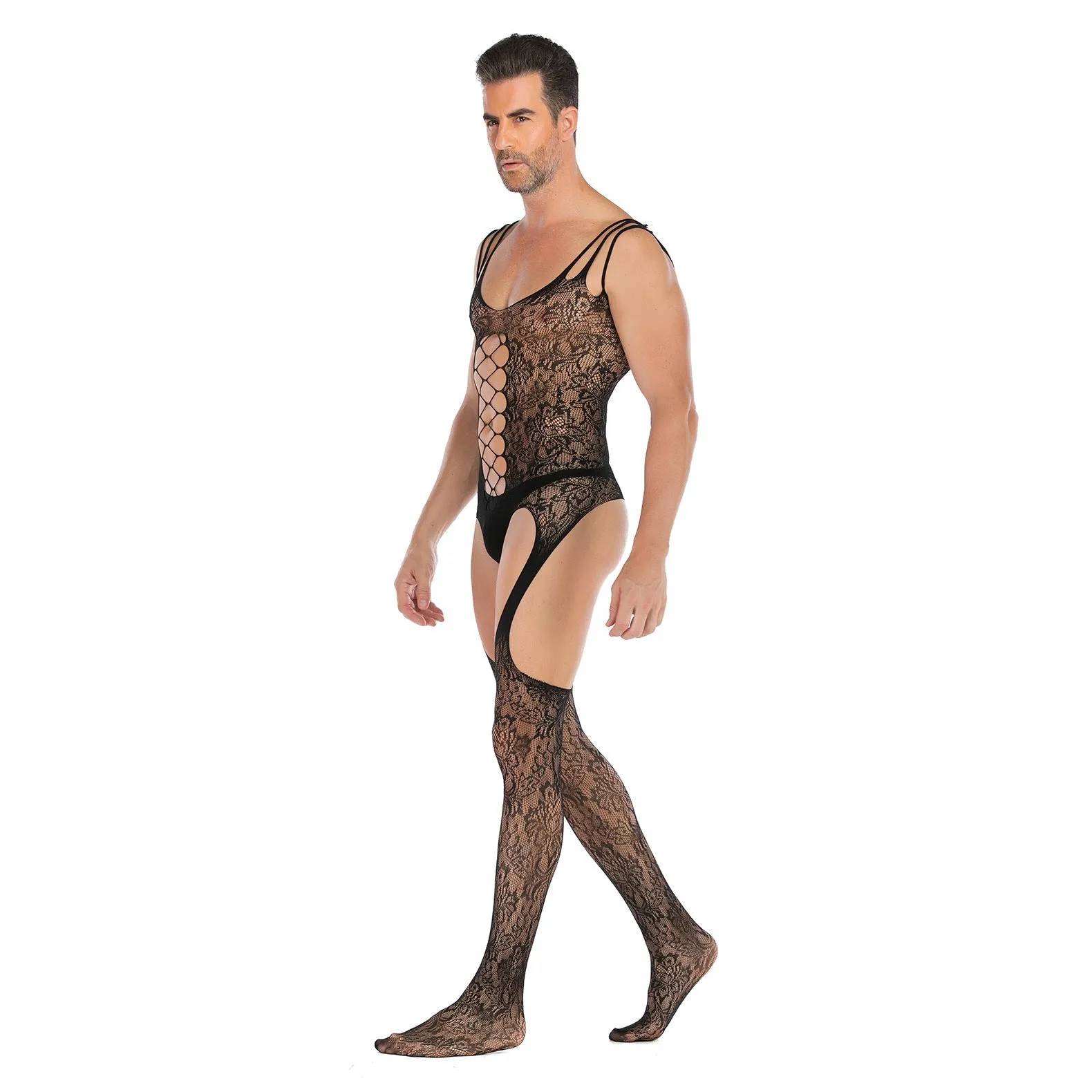 Men's Sleeveless Jacquard High Split Sexy Opening Gear Body Stocking