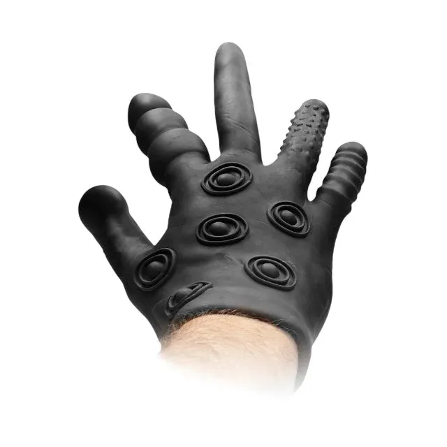 Mănușă erotică FIST IT BY SHOTS Stimulation Glove. din silicon. cu texturi diverse pentru stimulare vaginală și anală. negru