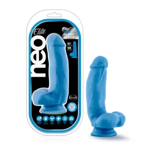 Neo Elite 7 in. Silicone Dual Density Dildo with Balls Neon Blue
