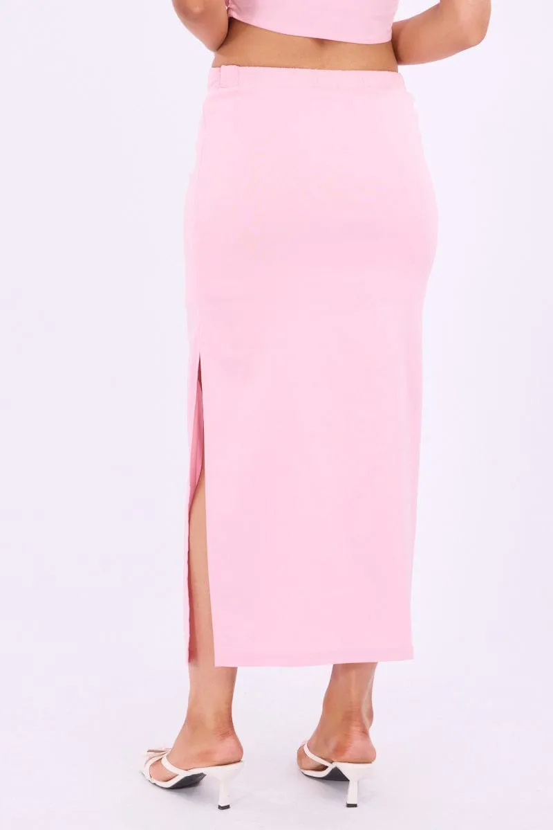 Pink Gathered Midi Skirt High Rise Bengaline Split