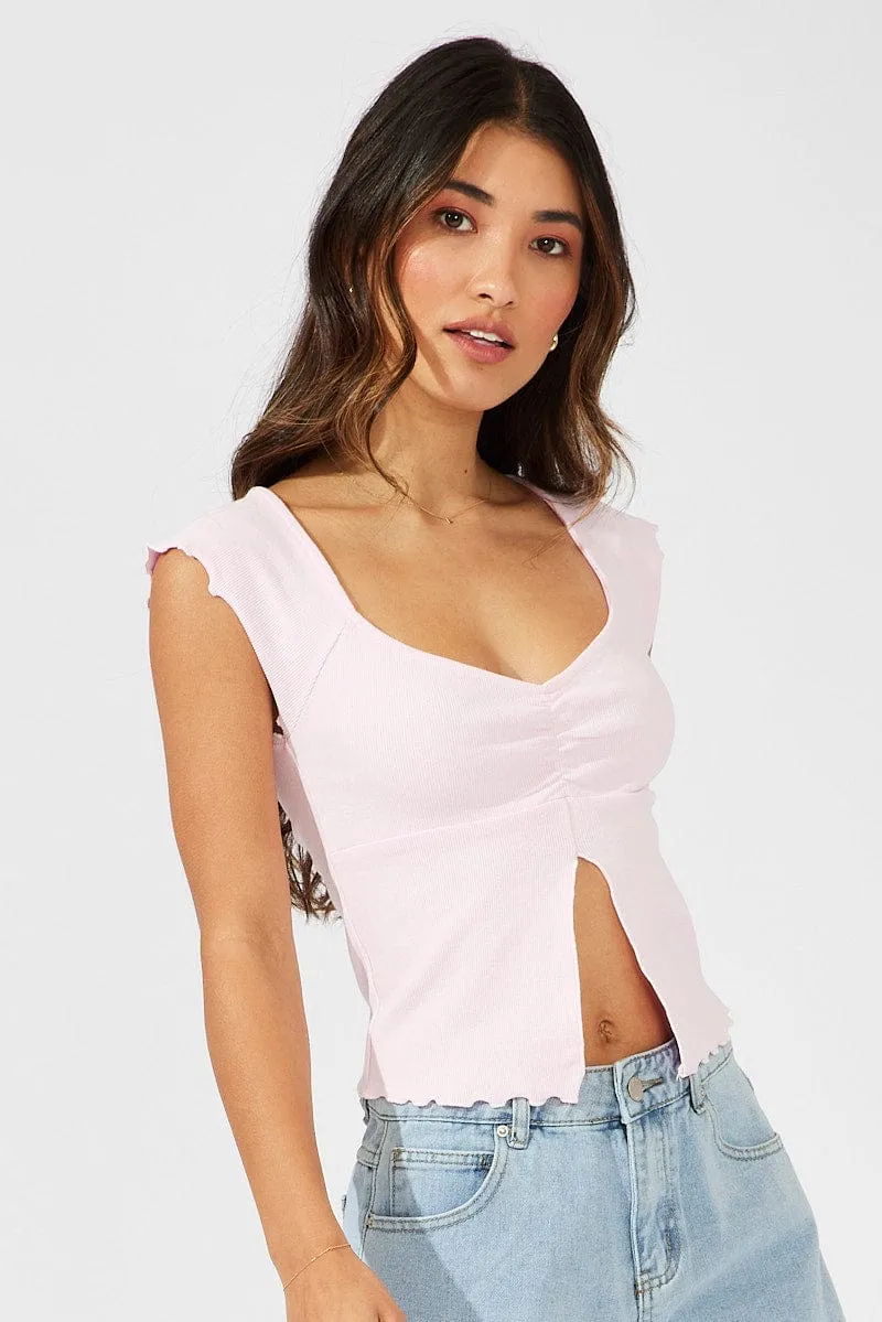 Pink Top Split Front Short Sleeve