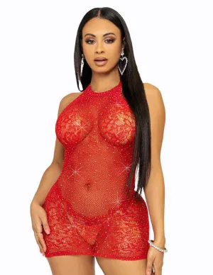 Rhinestone lace and net halter mini dress