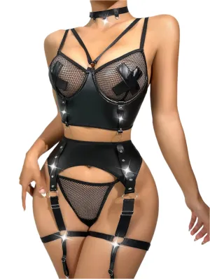 Risk Taker Strapped Mesh & Faux Leather Lingerie Set