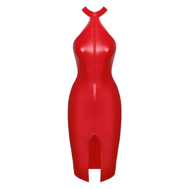 Rochie sexy NOIR HANDMADE Dress. costum erotic din material lucios. design cu guler și fermoar. culoare roșu. mărime M(27190703031)