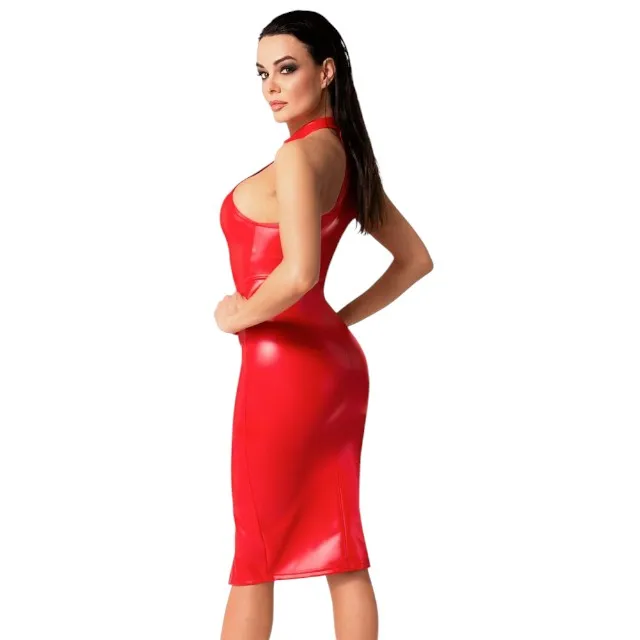 Rochie sexy NOIR HANDMADE Dress. costum erotic din material lucios. design cu guler și fermoar. culoare roșu. mărime M(27190703031)