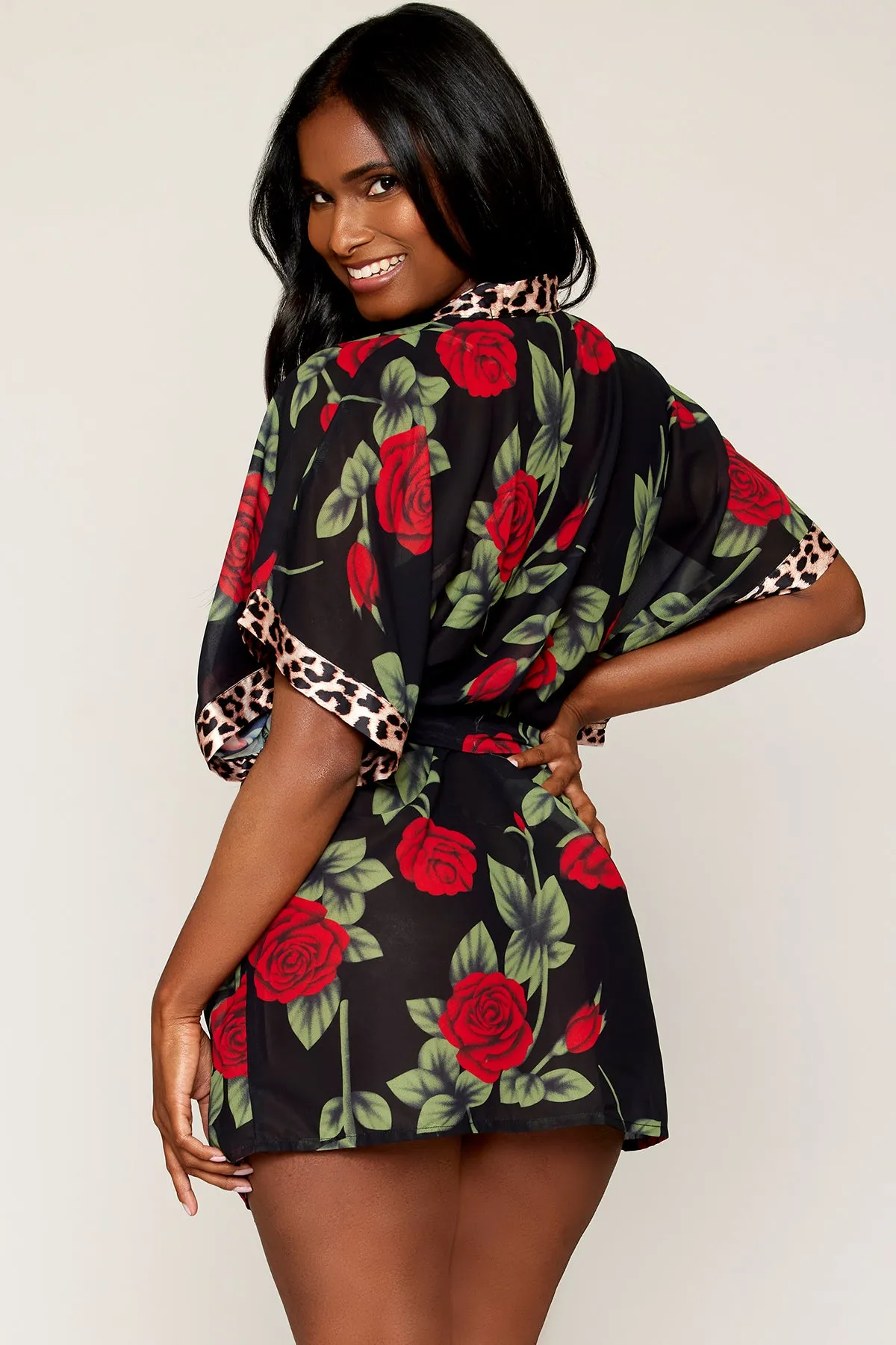 Rose Print Kimono Robe & Teddy