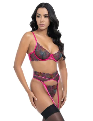 Saracita Contrast Embroidered Lace Bra. Garter Belt & G-String Set