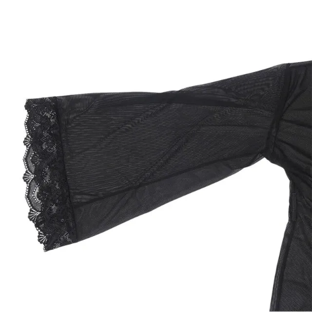 Set lenjerie sexy SUBBLIME. halat babydoll cu dantelă decorativă   chilot tanga. culoare negru transparent. mărime S/M (D-239323)