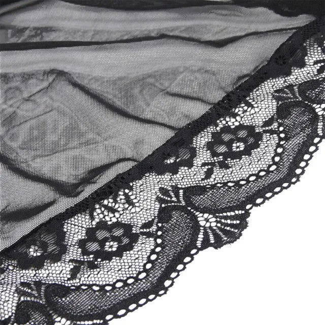 Set lenjerie sexy SUBBLIME. halat babydoll cu dantelă decorativă   chilot tanga. culoare negru transparent. mărime S/M (D-239323)