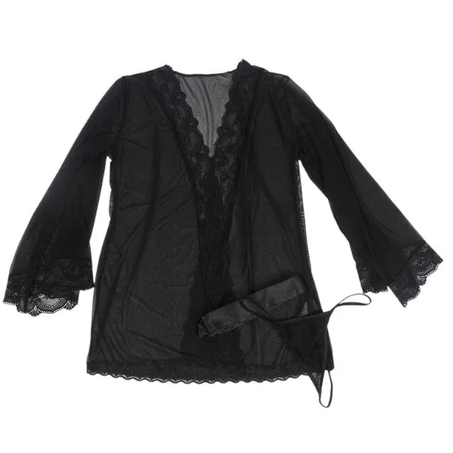 Set lenjerie sexy SUBBLIME. halat babydoll cu dantelă decorativă   chilot tanga. culoare negru transparent. mărime S/M (D-239323)
