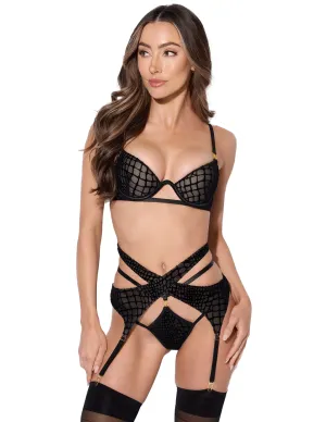 Snake Velvet Burnout Bra. Garter Belt & Backless Hipster Set