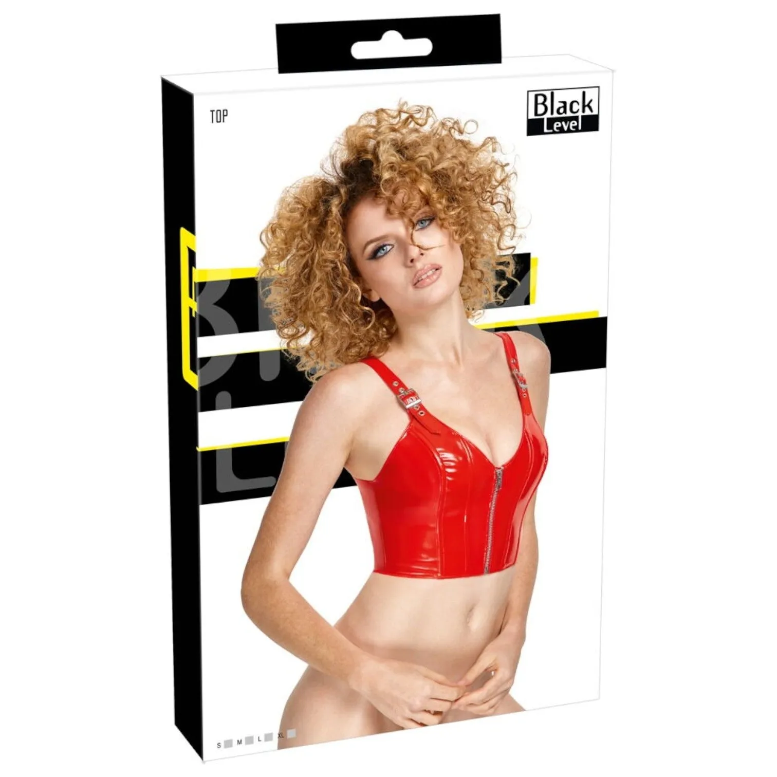 Top sexy BLACK LEVEL Vinyl Top. din material lucios. cu fermoar frontal și catarame pe bretele. mărime S. culoare roșu