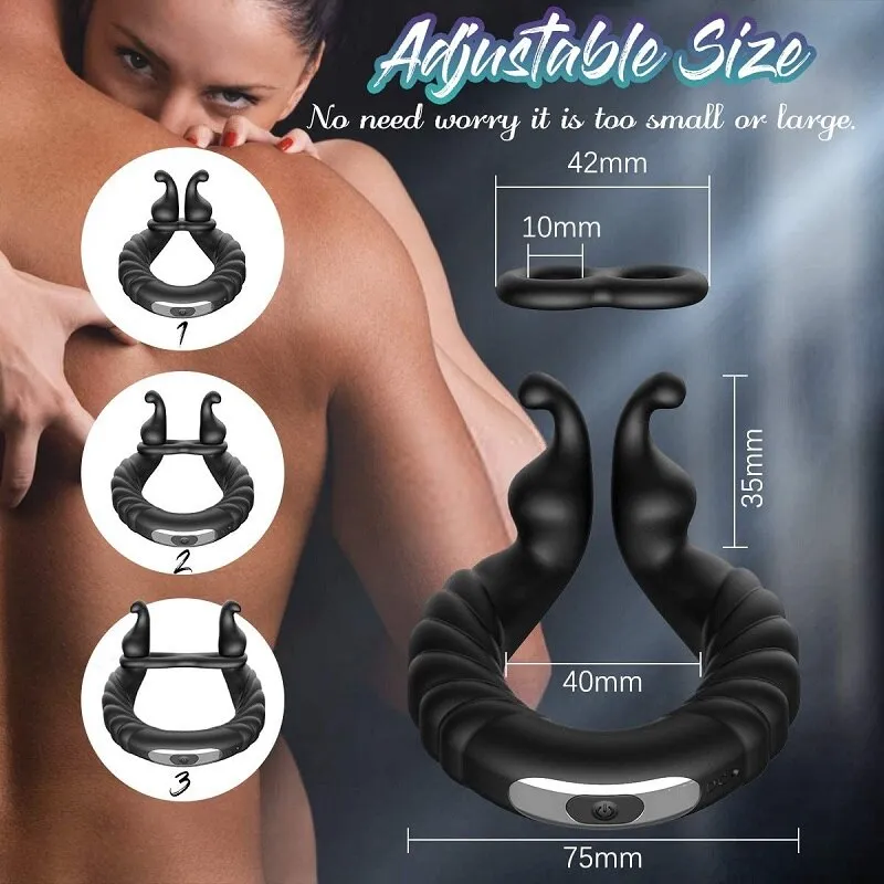 Vibrating Dual Penis Ring Dildo Vibrator Stretchy Adjustable Cock Ring