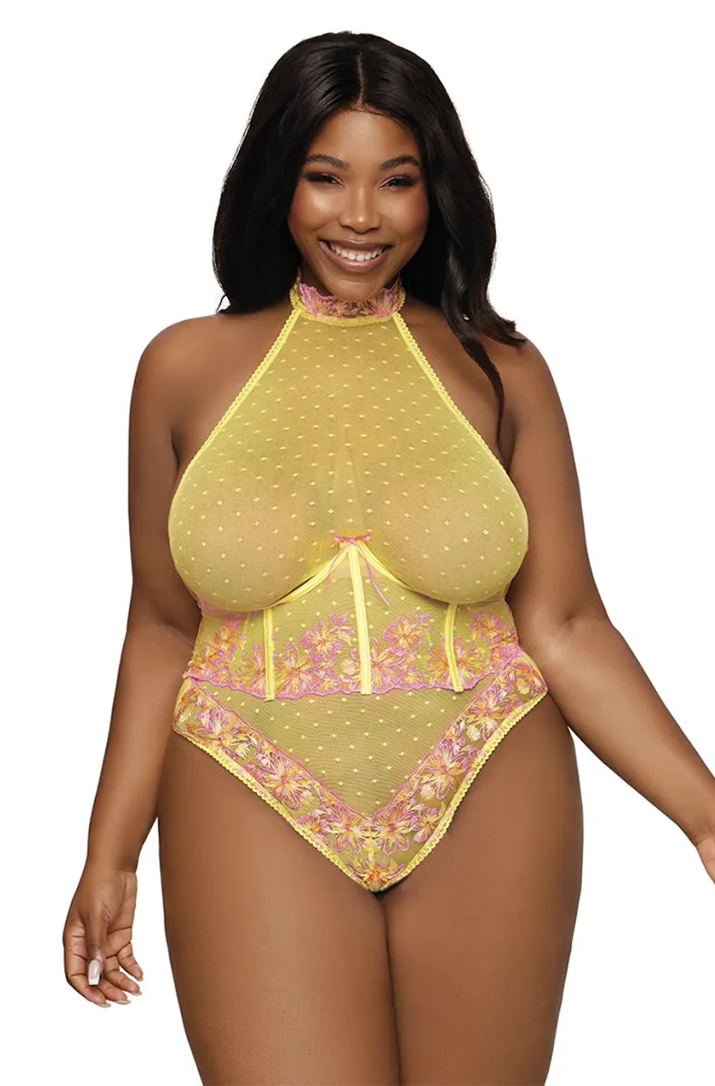 Yellow Lace Teddy and Open Bust Corset